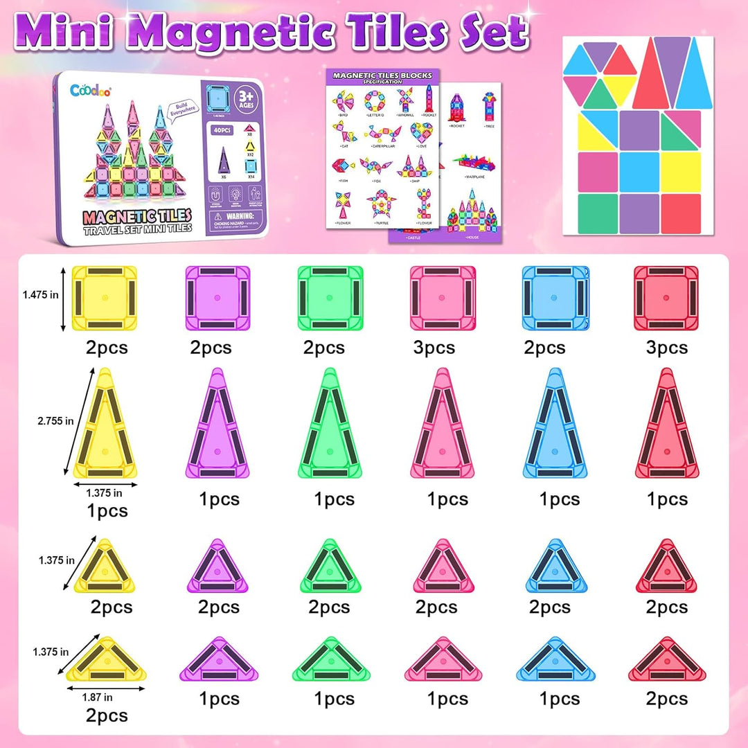 40 Magnetische Bausteine Mini Reise Set, Magnetspielzeug Kinder, Magnetische Platten Montessori Lern