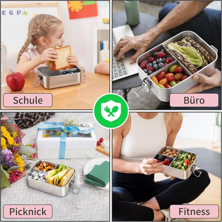 Onader Edelstahl Brotdose mit Fächern, 1400ml Bento Box Lunchbox mit Abnehmbar Trennwand, Metall Lun