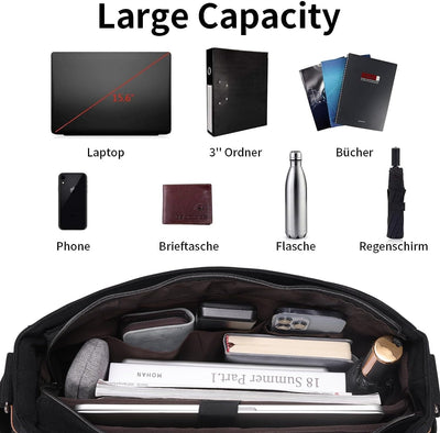 ESTARER Umhängetasche Herren/Gross Laptoptasche 15.6 Zoll für Arbeit Uni aus Canvas SCHWARZ 15-15,6