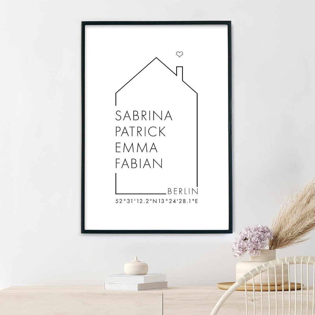 Personalisiertes Familien Haus Poster – Personalisiertes Geschenk - Bild für euer Zuhause - ohne Bil