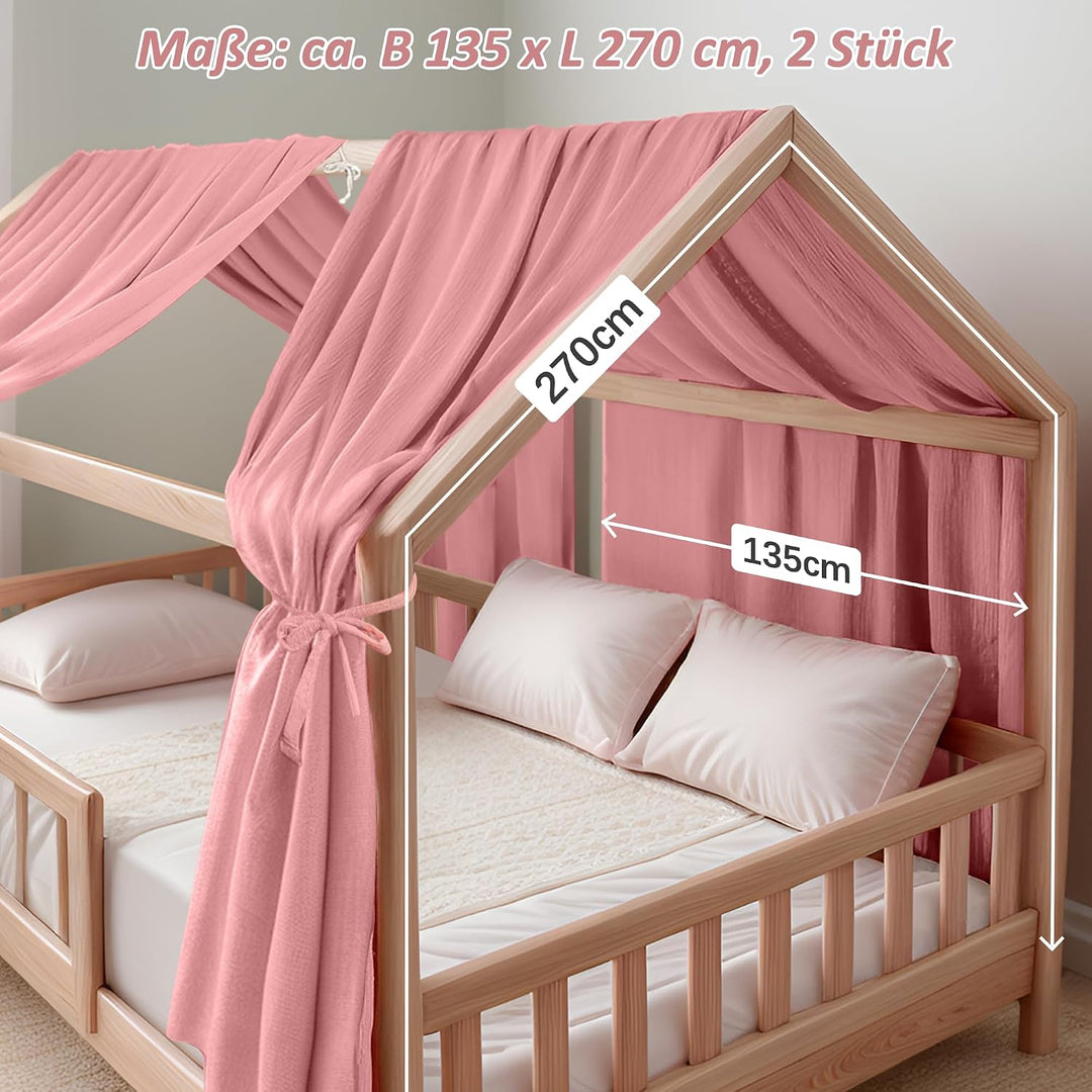 Hook Hausbett Himmel Deko Set, Betthimmel Hausbett aus Musselin - 2 Betthimmel &amp; 1 Wimpelkette, für