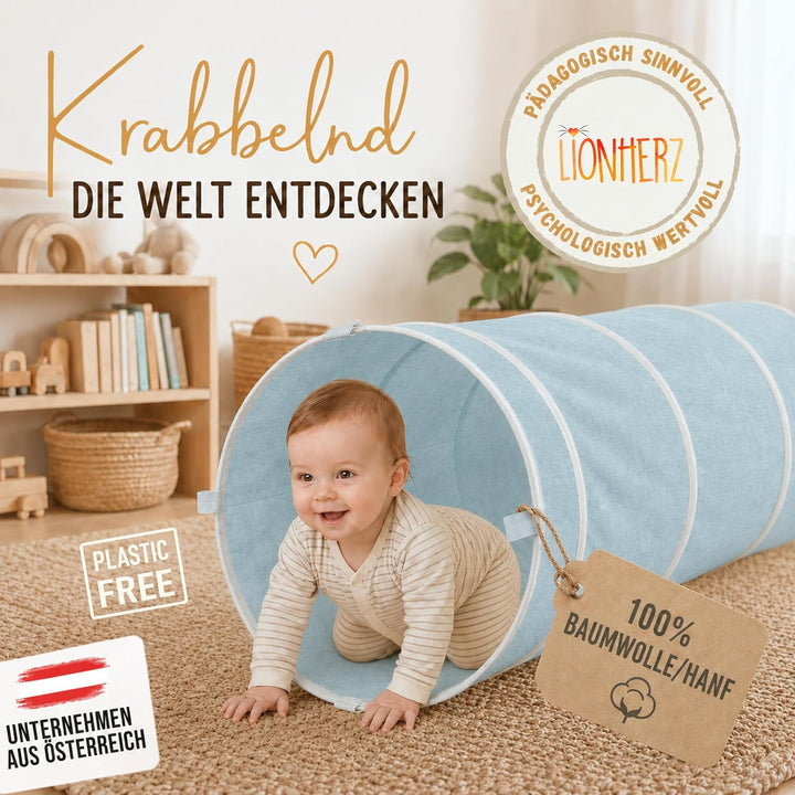 LIONHERZ® Spieltunnel für Kinder aus Baumwolle/Hanf mit Klettverschlüssen [180cm x 46cm] Krabbeltunn