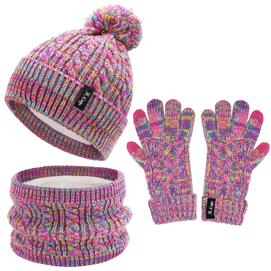 Kinder Mütze Loop Schal Touchscreen Handschuhe Set 3-6-12 Jahre Thermo Wintermütze Schlauchschal Fäu