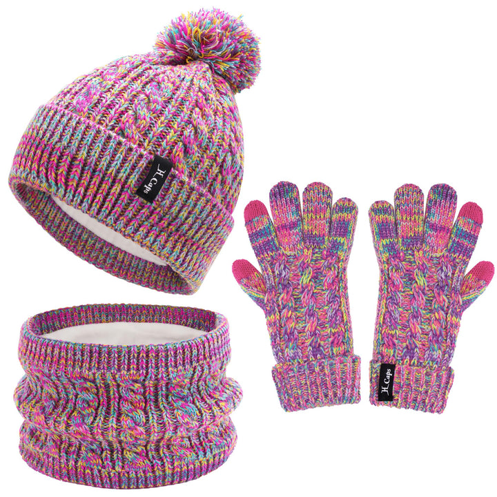 ZASFOU Kinder Mütze Loop Schal Touchscreen Handschuhe Set 3-6-12 Jahre Thermo Wintermütze Schlauchsc