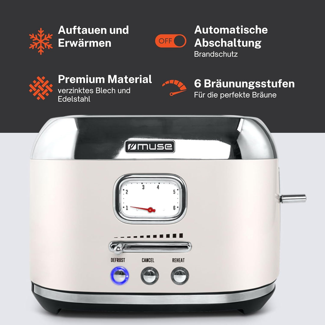 Muse Edelstahl-Toaster in beige und retro Design, analoge Anzeige, beleuchtete Tasten, 6 Bräunungsst