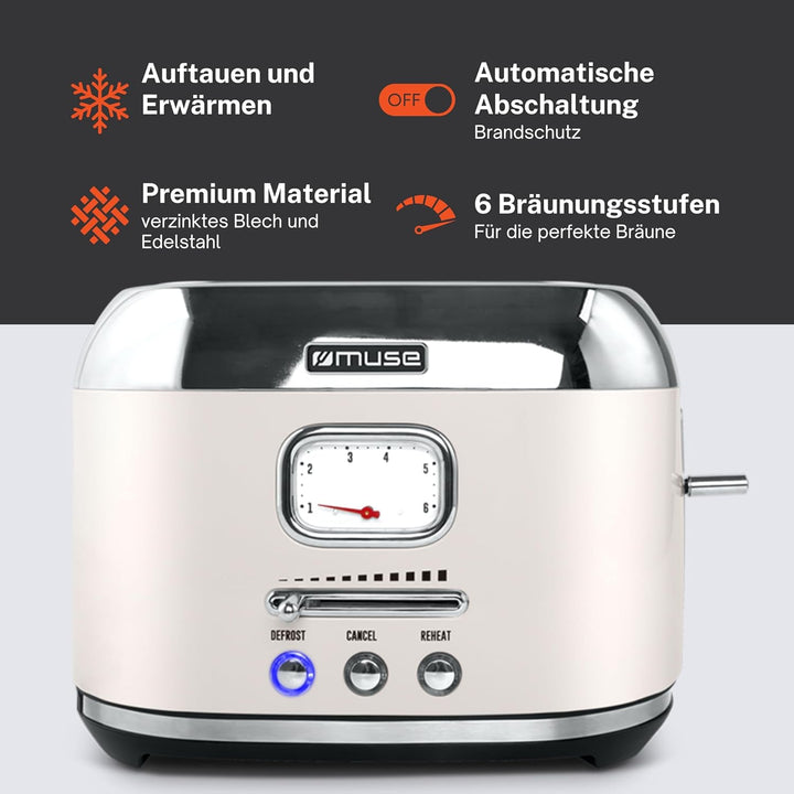 Muse Edelstahl-Toaster in beige und retro Design, analoge Anzeige, beleuchtete Tasten, 6 Bräunungsst