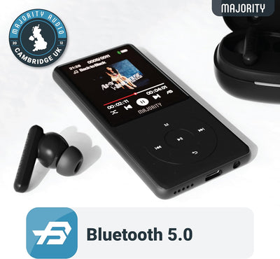 Superschlank Bluetooth MP3 Player mit Kopfhörer | 64 GB interner Speicher, erweiterbar um 128 GB | M