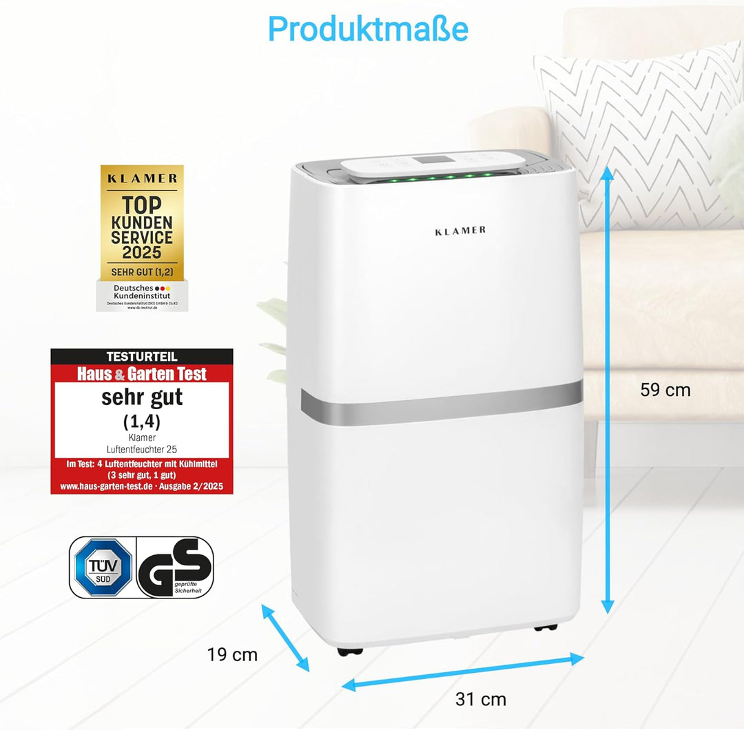 KLAMER Luftentfeuchter elektrisch 25L, 195m³ Luftumwälzung pro Stunde, 420W starker Raumentfeuchter,