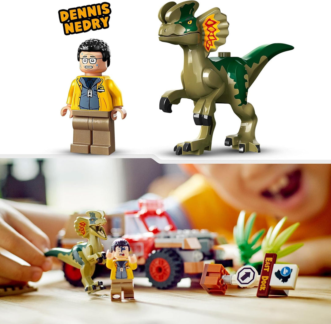 LEGO 76958 Jurassic Park Hinterhalt des Dilophosaurus, Dinosaurier Spielzeug Set mit Figur und Jeep