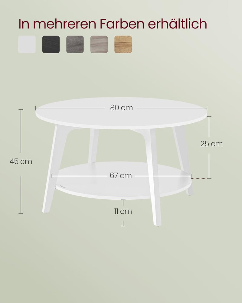 VASAGLE Couchtisch rund, Wohnzimmertisch 2 Ebenen, Kaffeetisch für Wohnzimmer, 80 cm d, 45 cm H, ein