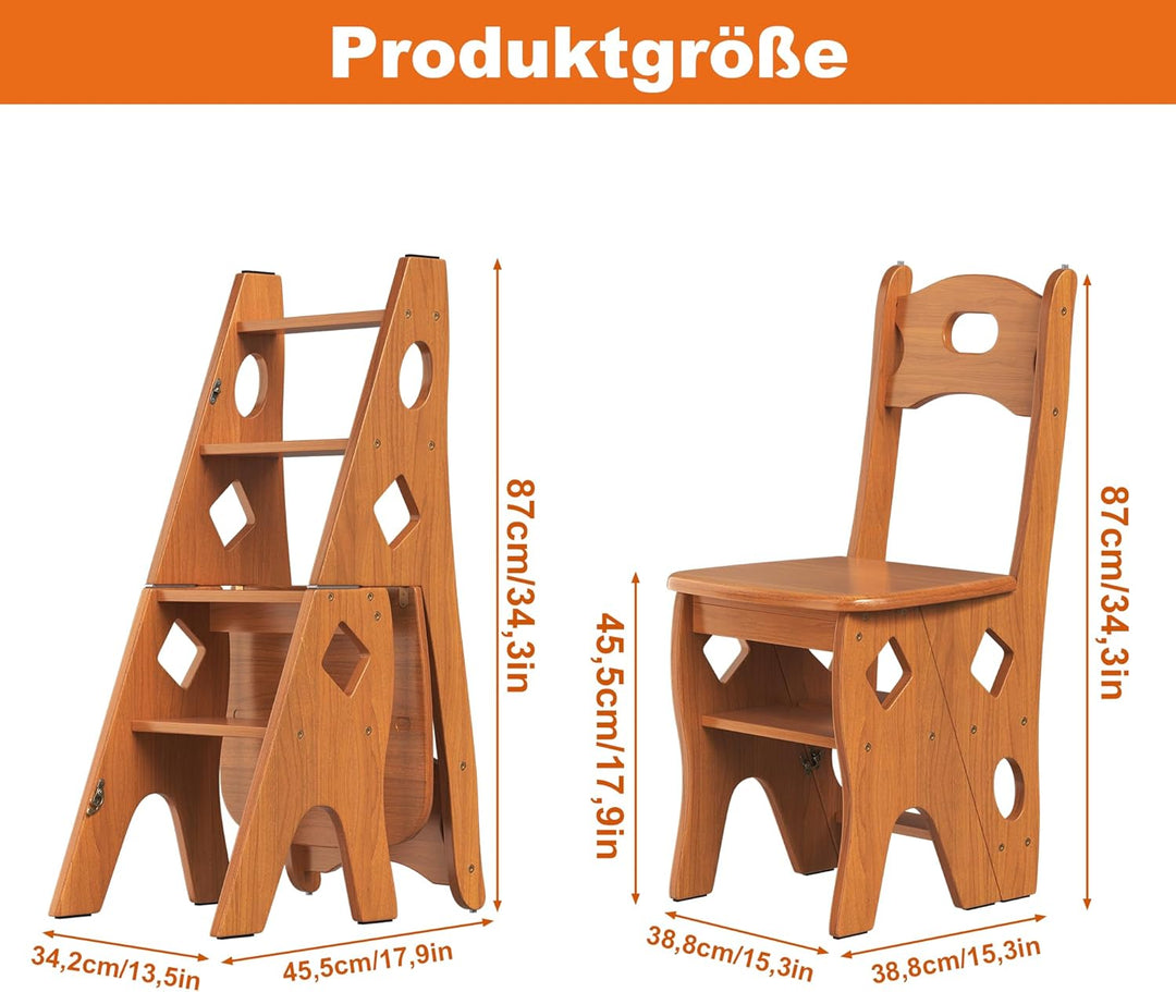 DFENG Klappbarer Bibliotheksleiter Stuhl Aus Massivholz, Faltbarer 4 Stufen Hocker, Hockerleiter bis