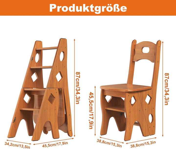 DFENG Klappbarer Bibliotheksleiter Stuhl Aus Massivholz, Faltbarer 4 Stufen Hocker, Hockerleiter bis