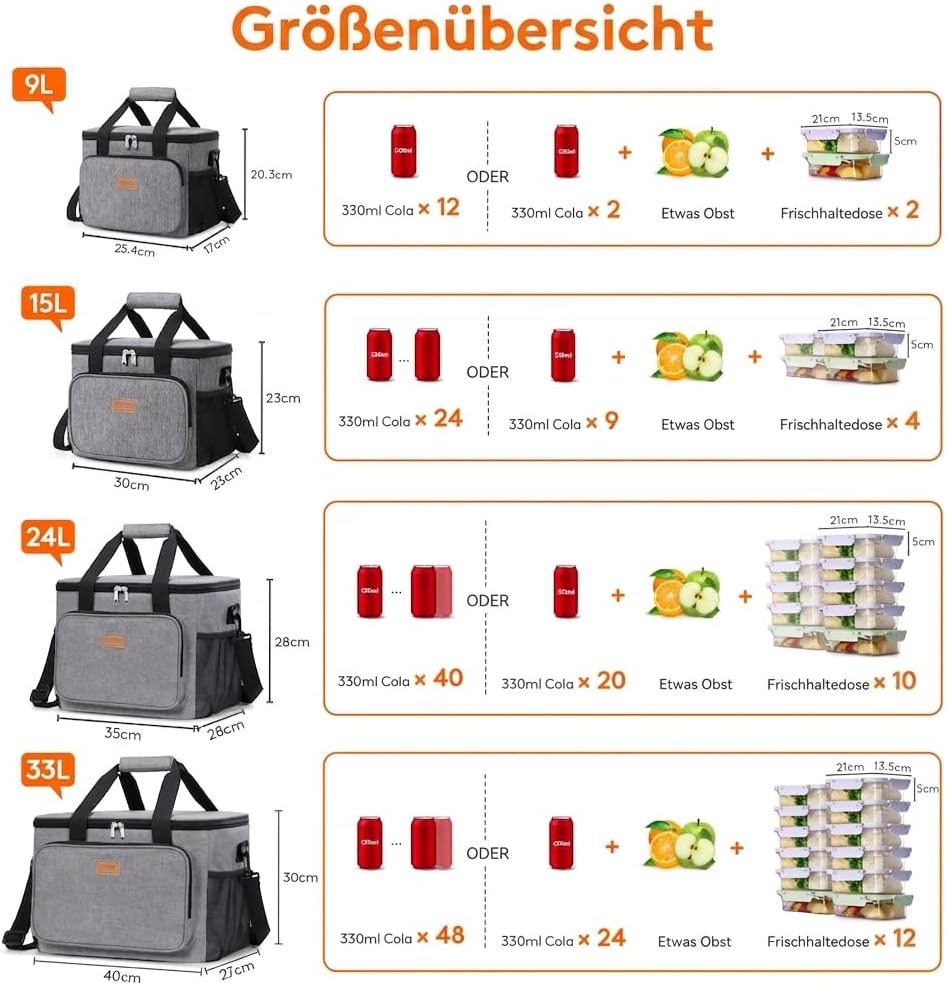 Lifewit Kühltasche klein, Isolierte Cooler Bag, Lunchtasche 32L 48 Dosen Grau 32L, Grau 32L