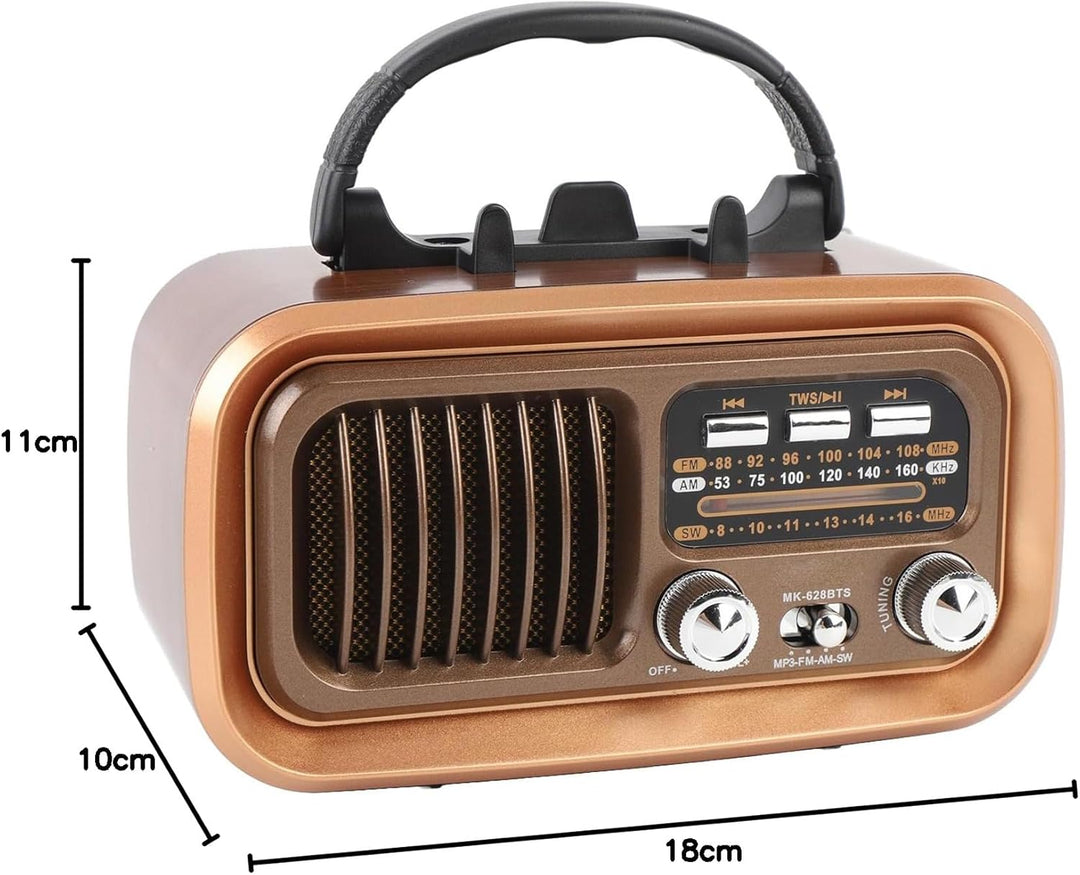 Retro Vintage Radio mit Bluetooth Lautsprecher, Tragbarer Kleiner Vintage AM FM Radio, Solar Batteri
