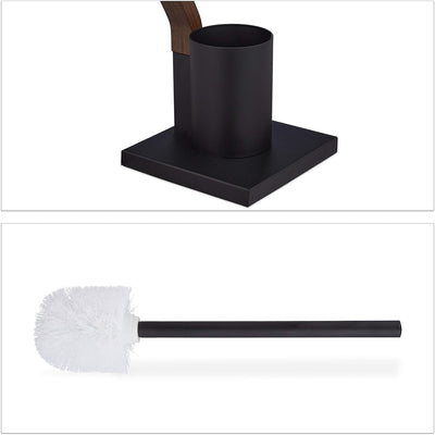 Relaxdays WC Garnitur stehend, Holz und Stahl, Toilettenpapierhalter mit Bürste, 1 Stück, schwarz/br