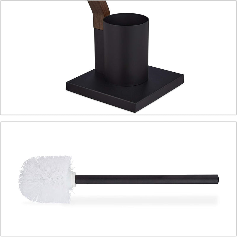 Relaxdays WC Garnitur stehend, Holz und Stahl, Toilettenpapierhalter mit Bürste, 1 Stück, schwarz/br