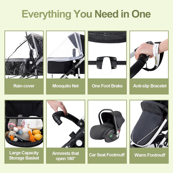 Gcarebb 3 in 1 Kinderwagen, Buggy Mit Auto Babyschale, Mit Einem Klick Zusammenklappbarer Tragbarer