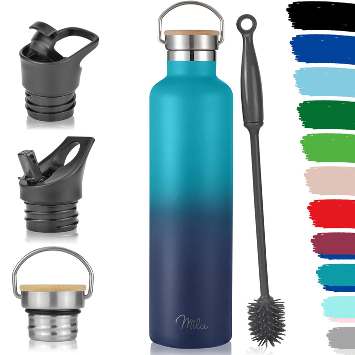 Milu Edelstahl Trinkflasche 500ml, 750ml, 1000ml (+3 Deckel) - Thermosflasche mit Strohhalm, Isolier