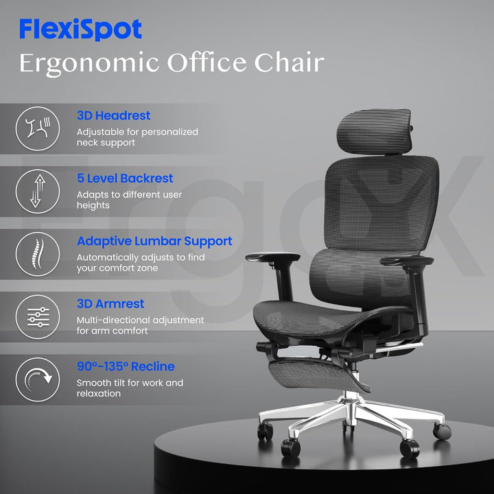 FLEXISPOT Ergonomischer Bürostuhl Schreibtischstuhl mit Fussstütze, 3D-Armlehnen, 3D-Kopfstütze, 5D-