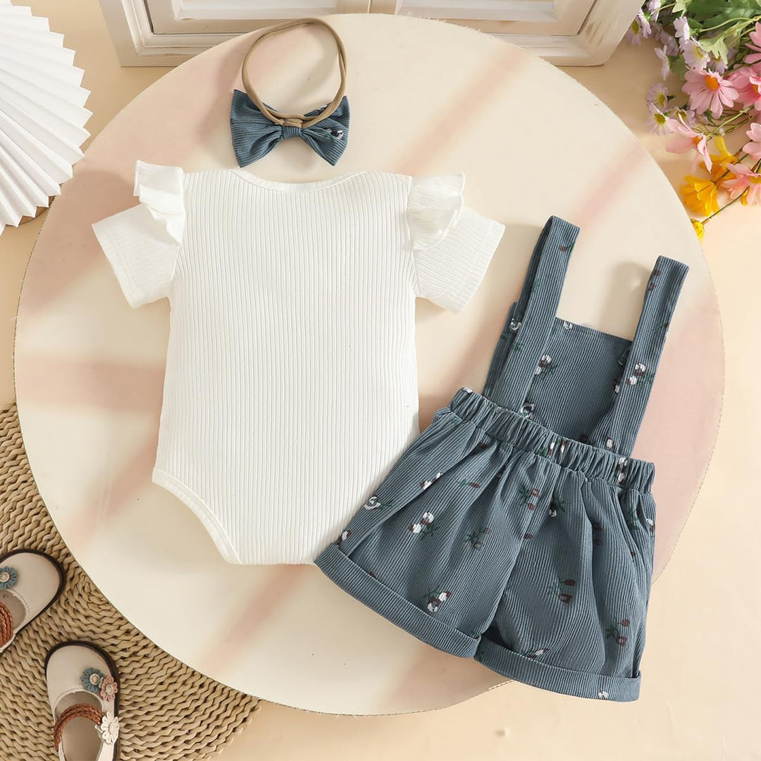 Kleinkind Baby Mädchen Sommerkleidung Rippstrick-Tops Trägerhosen mit Blumenmuster und Stirnband 18-