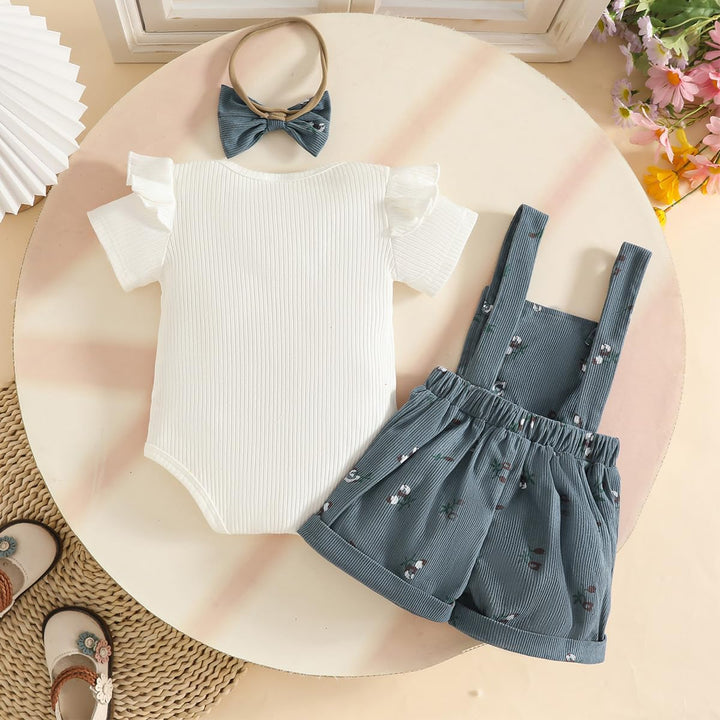 Kleinkind Baby Mädchen Sommerkleidung Rippstrick-Tops Trägerhosen mit Blumenmuster und Stirnband 18-