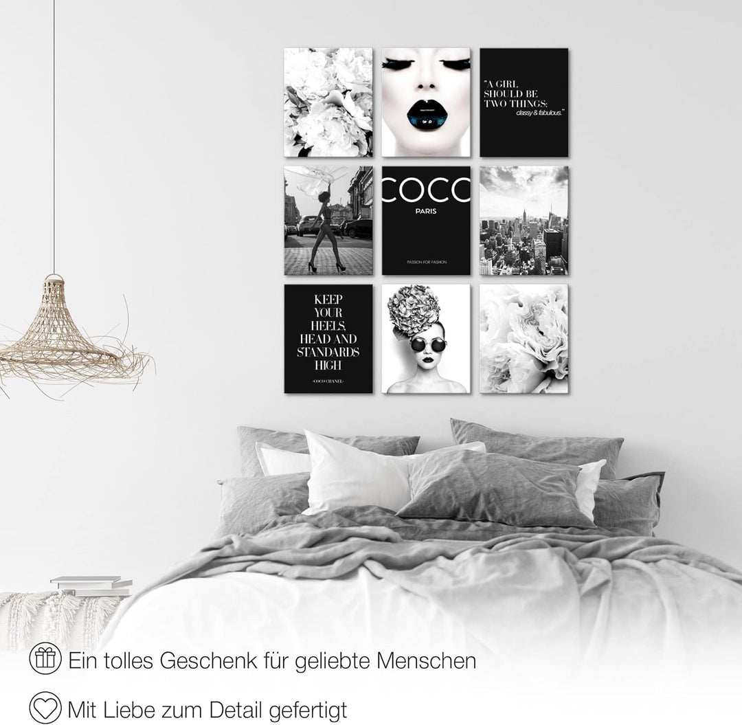 Novart Wandbilder Fashion - KOMPLETT AUFHÄNGFERTIG - Schwarz Weiss Wohnzimmer Mädchen Teenager- 9 Mo