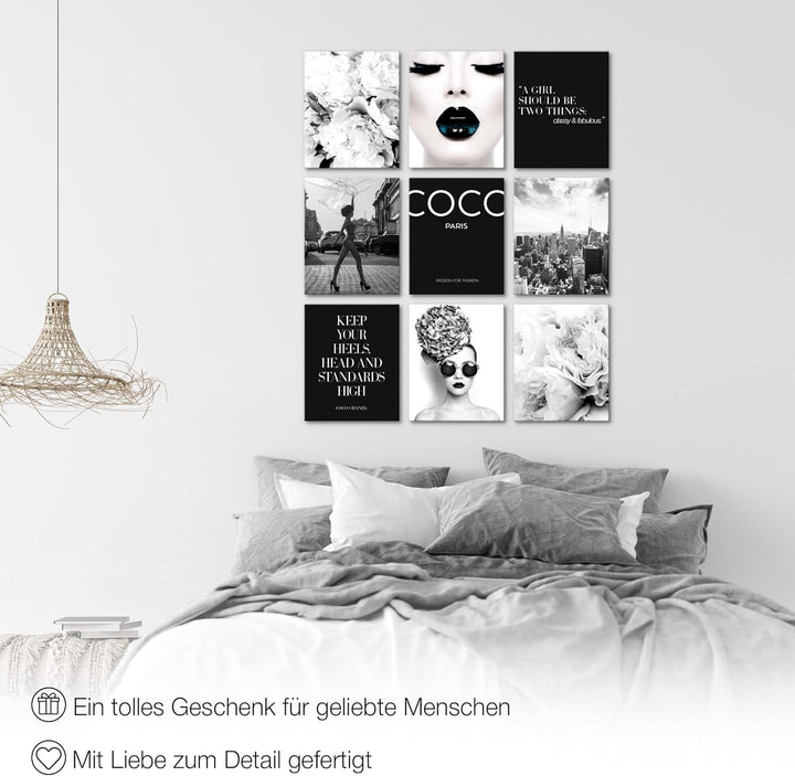 Novart Wandbilder Fashion - KOMPLETT AUFHÄNGFERTIG - Schwarz Weiss Wohnzimmer Mädchen Teenager- 9 Mo