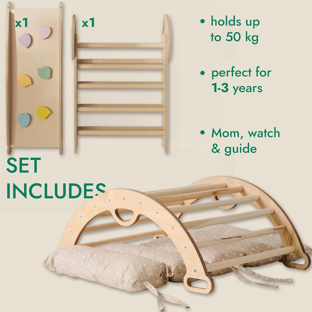 Goodevas 5-in-1 Montessori Klettergerüst Set: Indoor Kletterdreieck, Kletterbogen mit Kissen, und Ru
