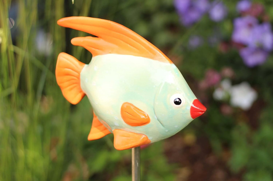 Gartenfigur Fisch aus Keramik Mint-Orange Gartendeko Gartendekoration Teichdeko, Mint-Orange