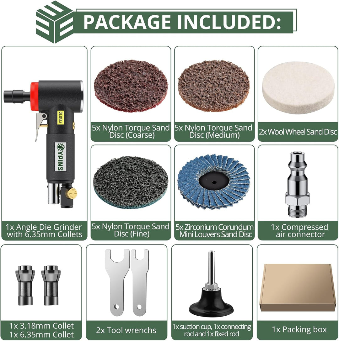 EYPINS Druckluft Winkelschleifer Set 90° Druckluftschleifer+1/4"&1/8" Spannzange, Mini Stabschleifer