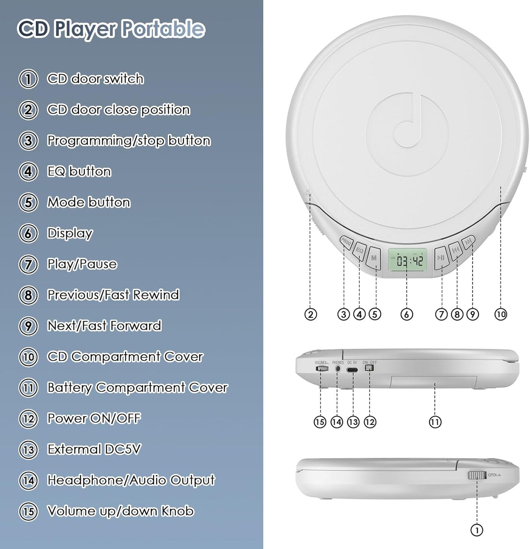 Gueray CD Player Tragbar Kinder Tragbarer CD-Player fürs Auto Discman mit Kopfhörer LCD-Display Unte