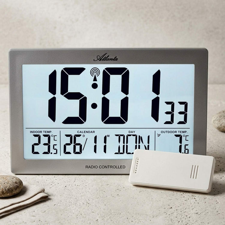 Atlanta Funkwanduhr Digital mit Temperaturanzeige Innen Aussen Rechteckig Silber - 4509