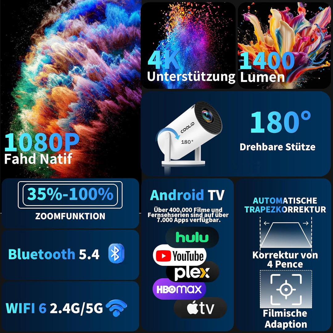 Mini Beamer Unterstützt 4K 1080P 2026 Neuer Tragbarer Projektor mit 5G WiFi 6 und BT 5.4 Beamer Klei