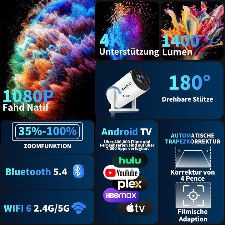 Mini Beamer Unterstützt 4K 1080P 2026 Neuer Tragbarer Projektor mit 5G WiFi 6 und BT 5.4 Beamer Klei