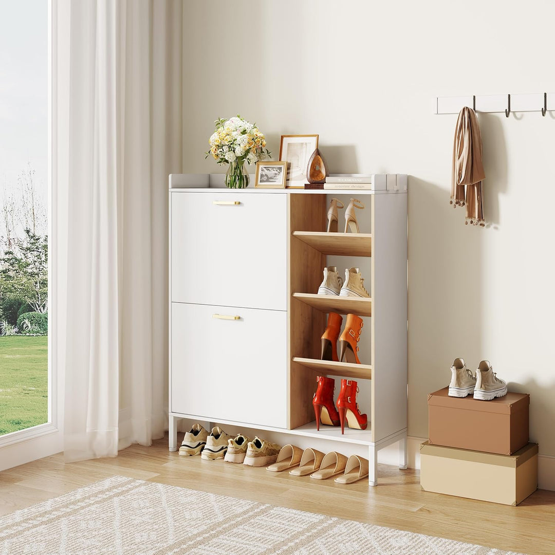 Schuhschrank mit 2 Klappen Schmal Schuhschrank mit 2 Flip-Schuhregal und 4 Ablagefächer platzsparend