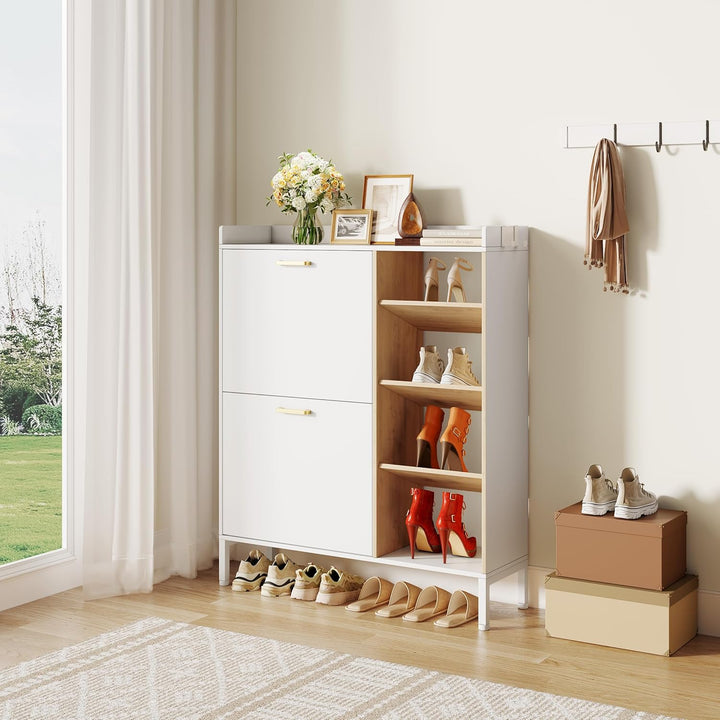 Schuhschrank mit 2 Klappen Schmal Schuhschrank mit 2 Flip-Schuhregal und 4 Ablagefächer platzsparend