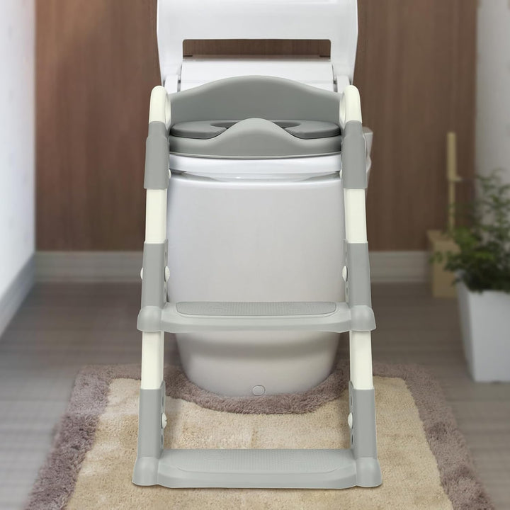 Toilettensitz Kinder mit Treppe, 2 in 1 Toilettenaufsatz Kinder mit PU-Sitzkissen, Verstellbar Toile