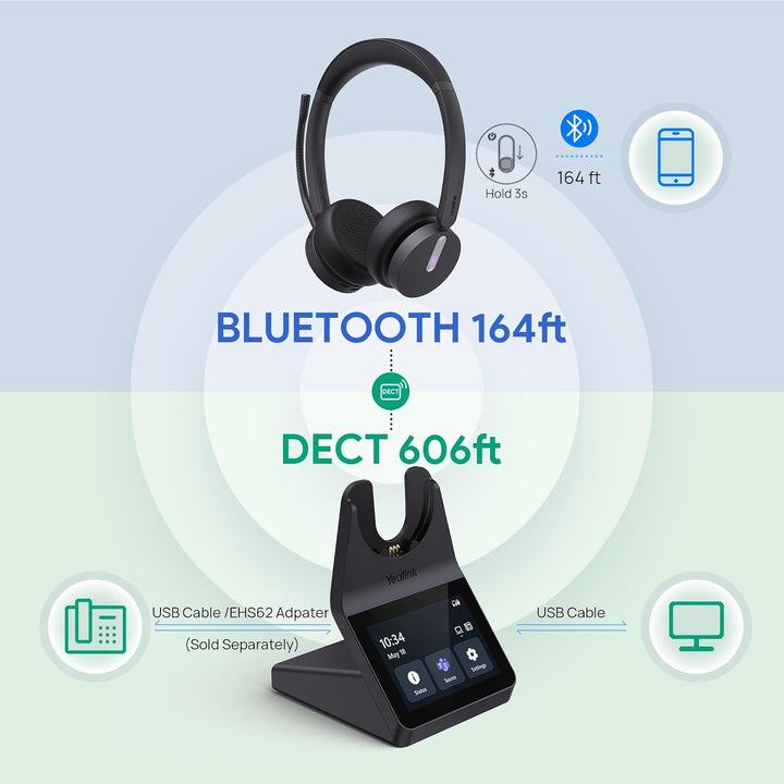 Yealink WH64 Pro DECT & Bluetooth Wireless Headset, 3.5" Touchscreen, Teams,UC,Zoom Dual On Ear Head