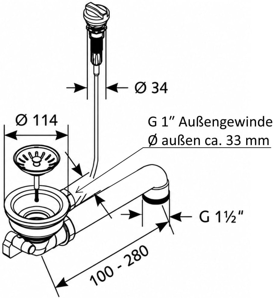 keenberk Spülenablauf Spülen-Siebkorbventil 3 1/2 Zoll - Ø 114 mm mit Seil-Drehbetätigung Drehexcent