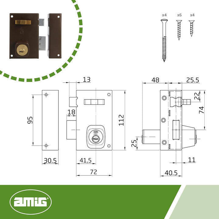 Amig - Aufschraubschloss DIN rechts mit Schliesshebel, Falle und Ziehgriff für Holztüren Mod. 75-72