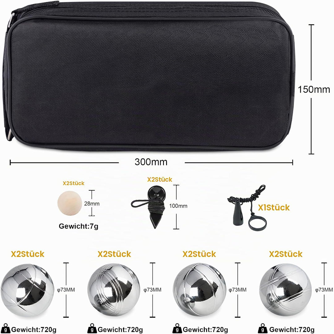 Boules-Set aus verchromtem Stahl (8 Kugeln),2 Holz-Zielkugeln, Abstandsmesser &amp; Ballabsauger | Kompl