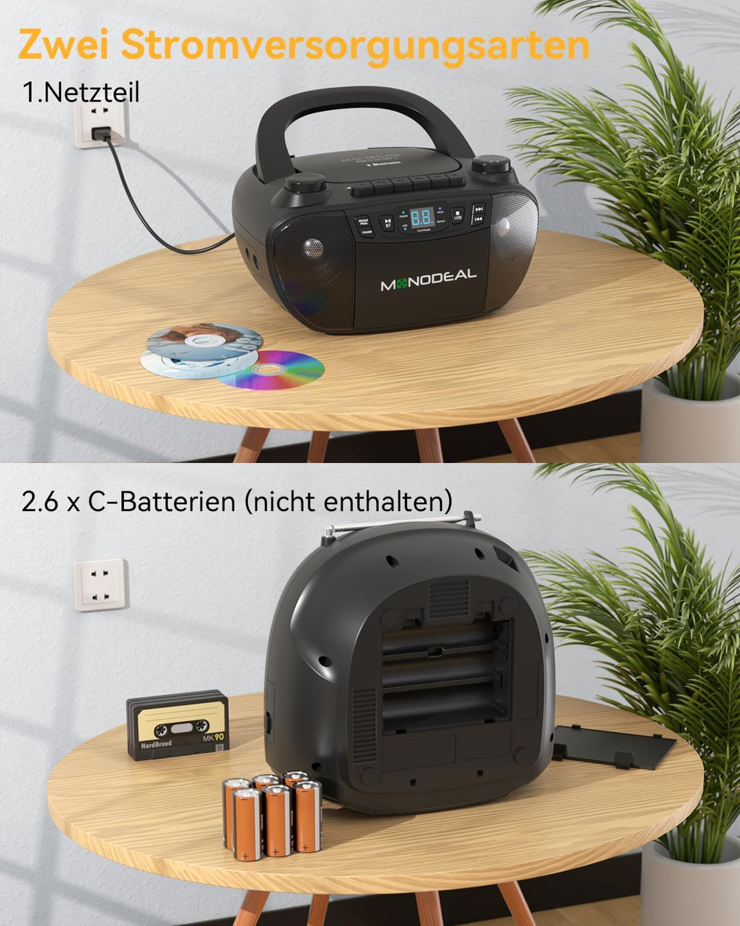 MONODEAL CD Player mit Kassette, Kassettenrekorder, Kassettenspieler, Radio mit CD und Kassette, CD