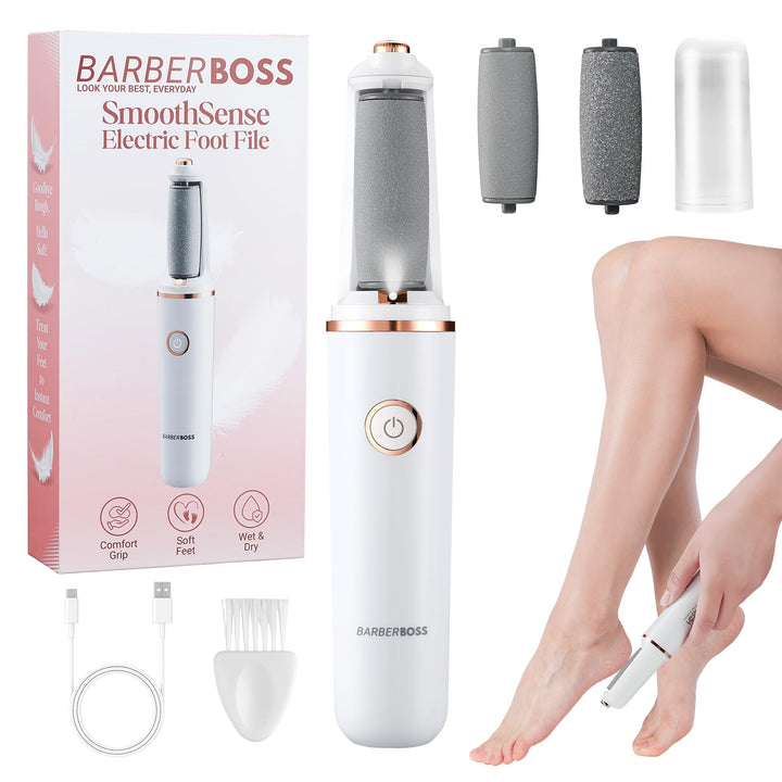 BarberBoss Elektrische Fussfeile, Hornhautentferner für Füsse, wiederaufladbares Pediküre-Set, feine
