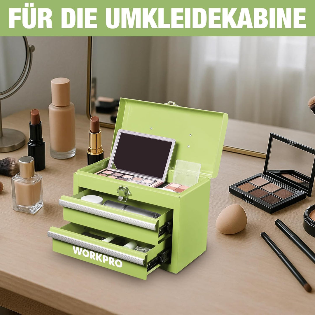 WORKPRO Metall Schubladenbox mit 2 Schubladen & Oberer Stauraum Avocadogrün, 27,5x15x20,8cm Tisch Or