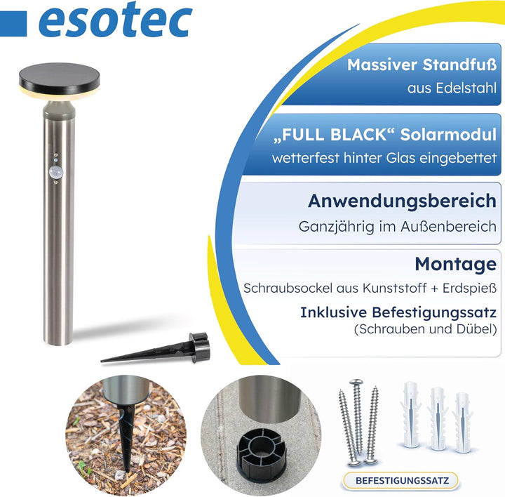 esotec Solar Gartenbeleuchtung Aussenlampe mit Bewegungsmelder Cortona, H=45cm, Edelstahl Solarleuch