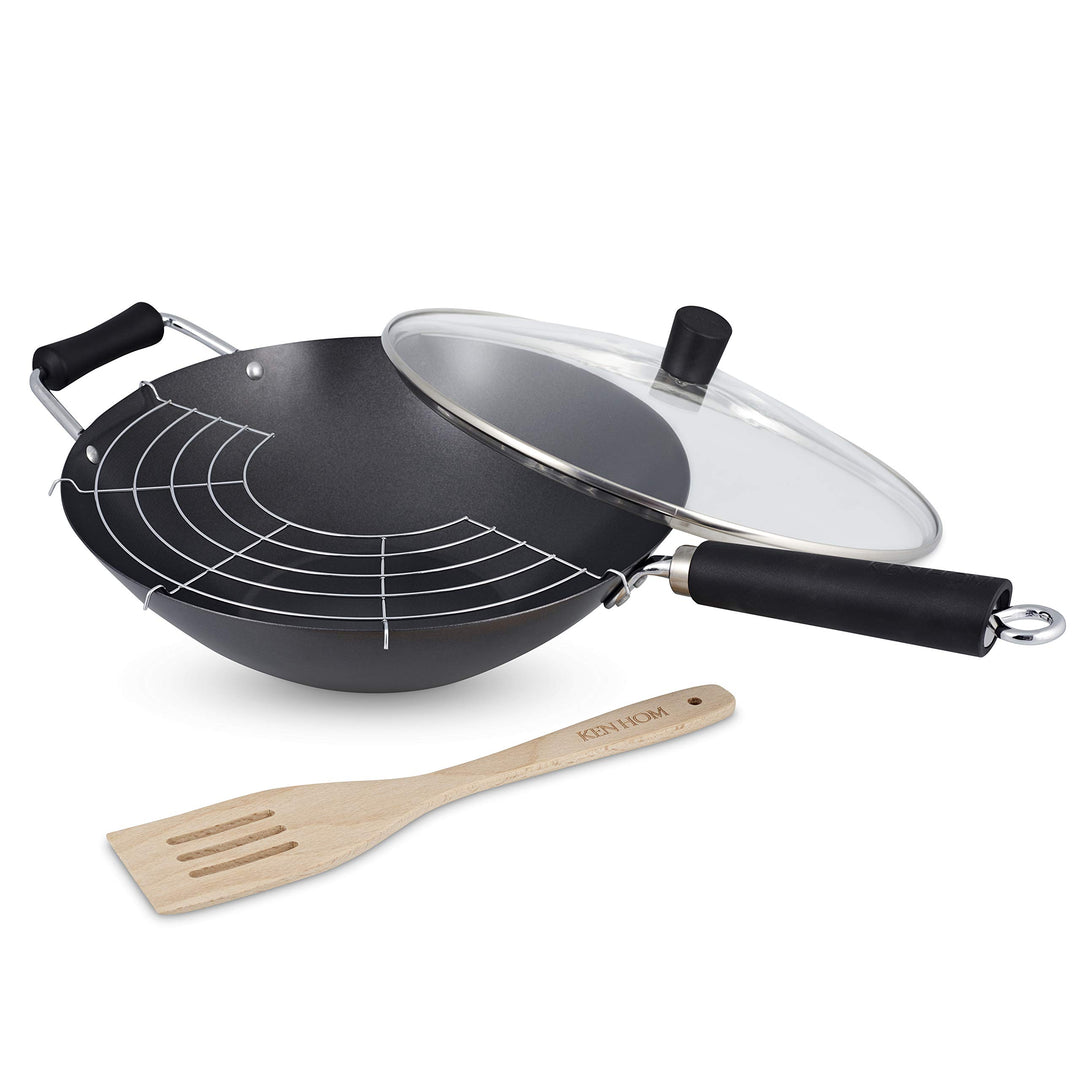 Ken Hom Carbonstahl Wokpfanne Set, 31cm, Excellence, Wok Induktion mit Deckel, Ablagegitter und Zube