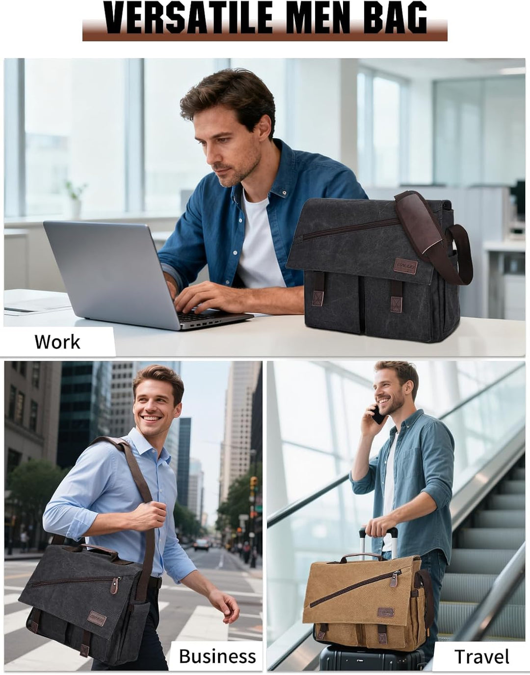 RAVUO Umhängetasche Herren, 17 Zoll Laptoptasche Aktentasche Wasserdichte Canvas Gross Arbeitstasche
