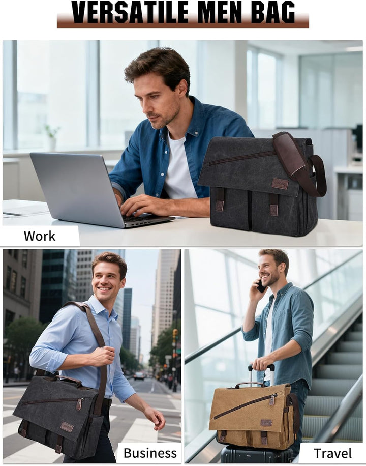 RAVUO Umhängetasche Herren, 17 Zoll Laptoptasche Aktentasche Wasserdichte Canvas Gross Arbeitstasche