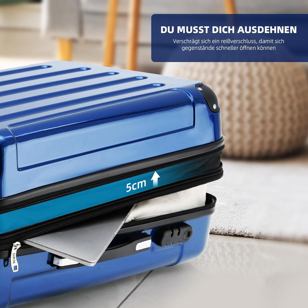 BEIBYE- 3er Kofferset Hartschalen-Koffer Reisekoffer Trolley Rollkoffer Set Reisekofferset (Blau)