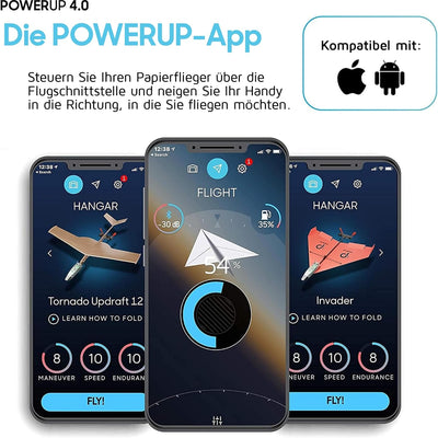 POWERUP 4.0. Smartphone gesteuertes Papierflugzeug Set der nächsten Generation. Einfache Handhabung
